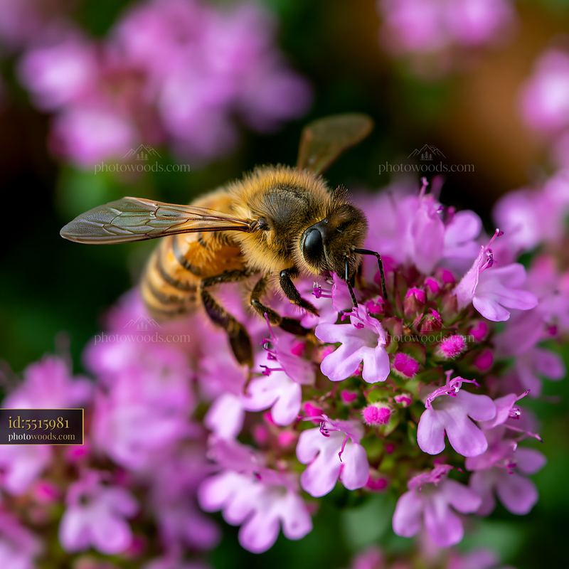 Honey bee on thyme flower collecting nectar