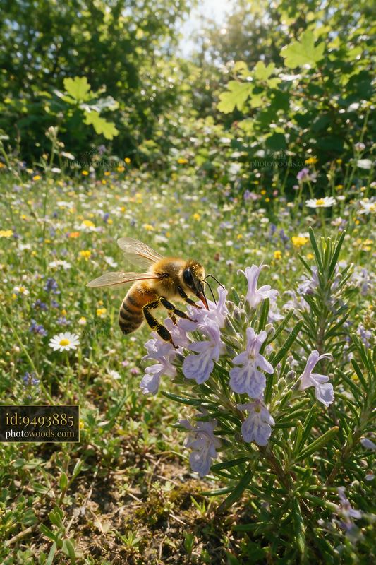 Honey bee gathers nectar from rosemary flower in garden