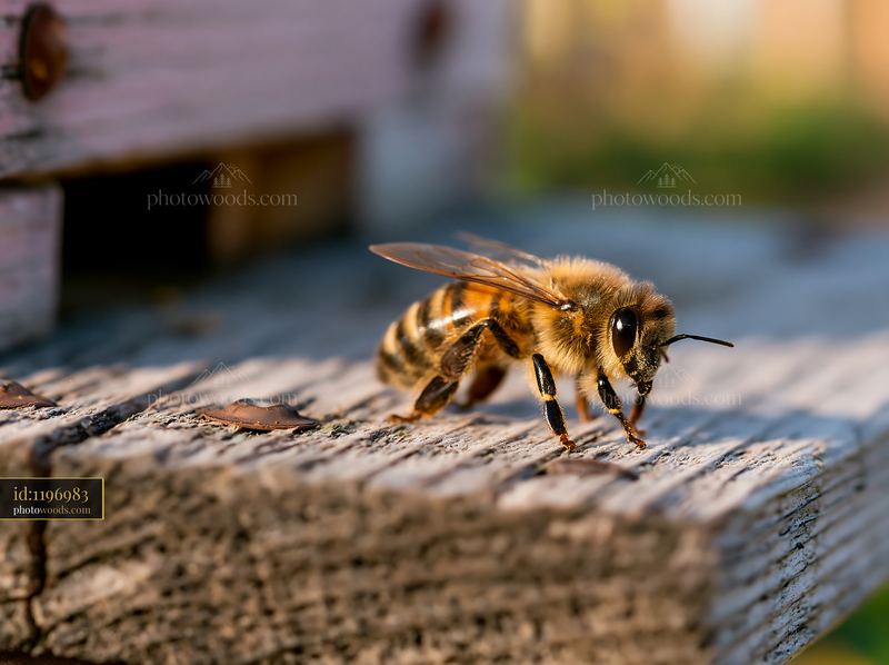 Honey bee perched motionless on wooden surface