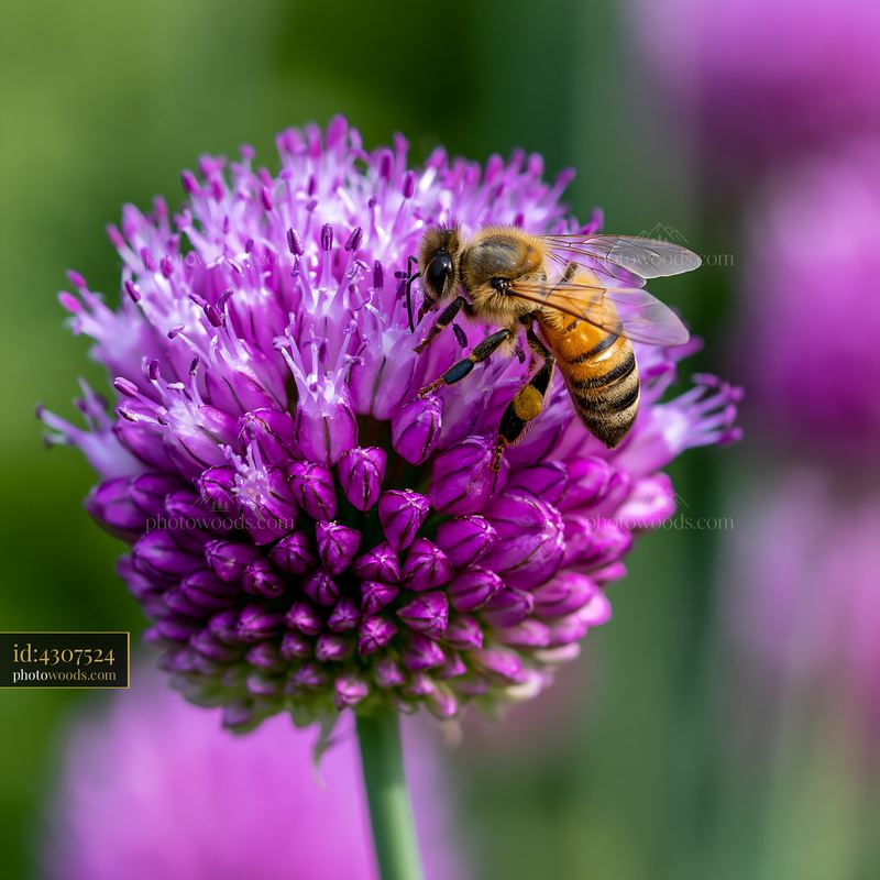 Honey bee resting on a purple flower in a garden