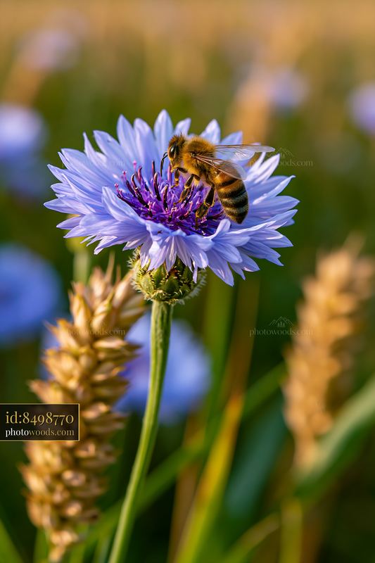 Honey bee perched on stem of flower in natural garden setting