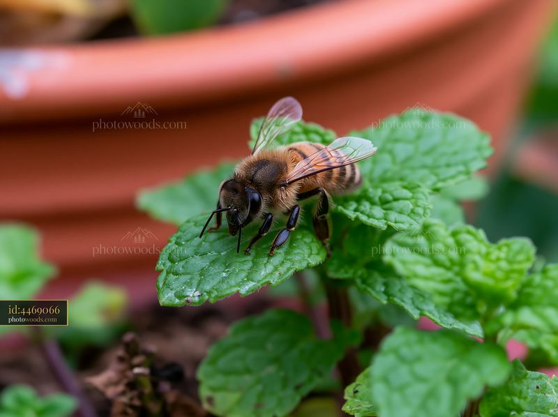 Honey bee resting on green leaf in garden setting