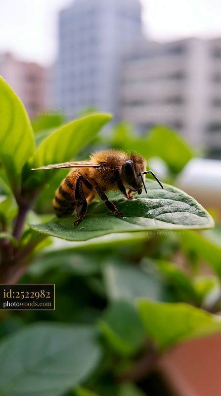Honey bee resting on leaf in urban garden setting