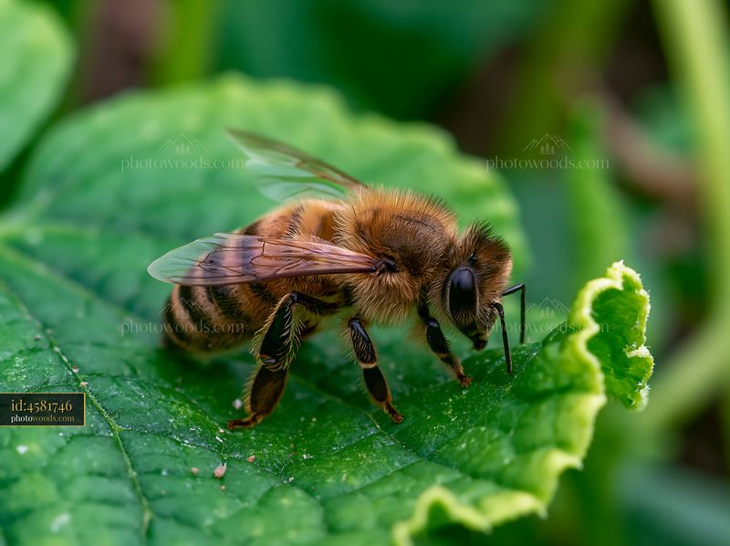 Honey bee resting on green leaf in natural environment