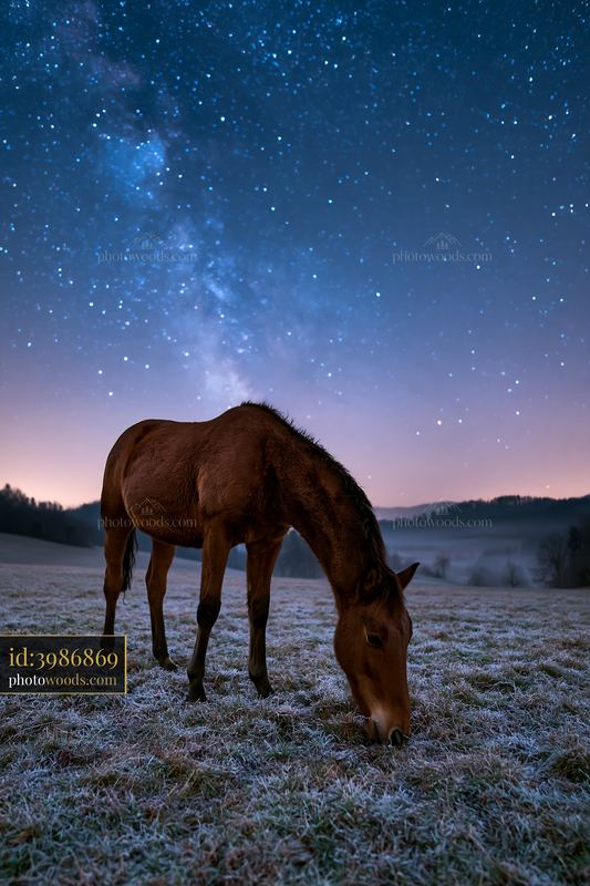 Horse grazing under a galaxy-filled sky in a frosty field