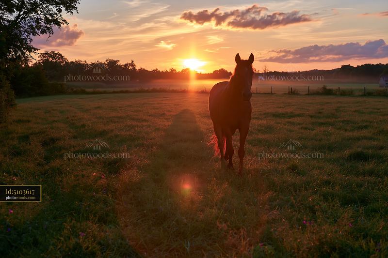 Horse silhouette at sunset in a grassy field