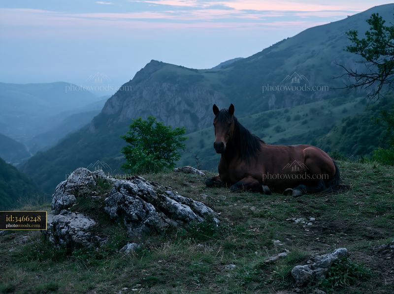 Horse on a dark mountain ridge during twilight hours