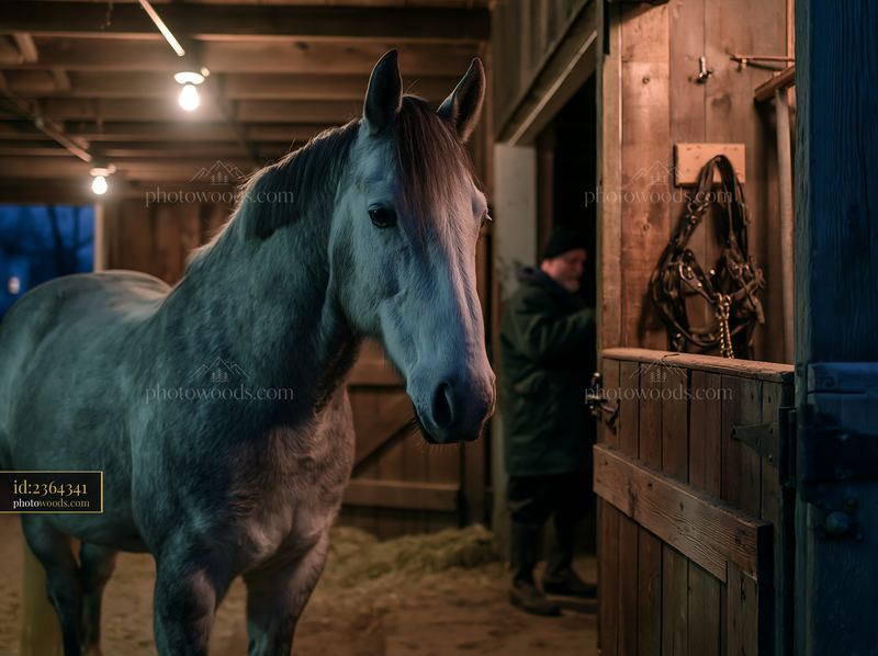 Horse under stable lights at night with a person nearby