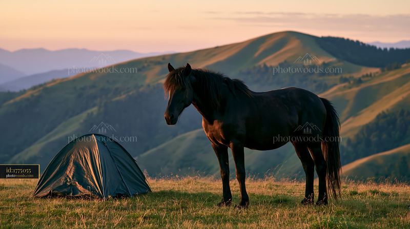 Camping with a horse in the wilderness at sunset