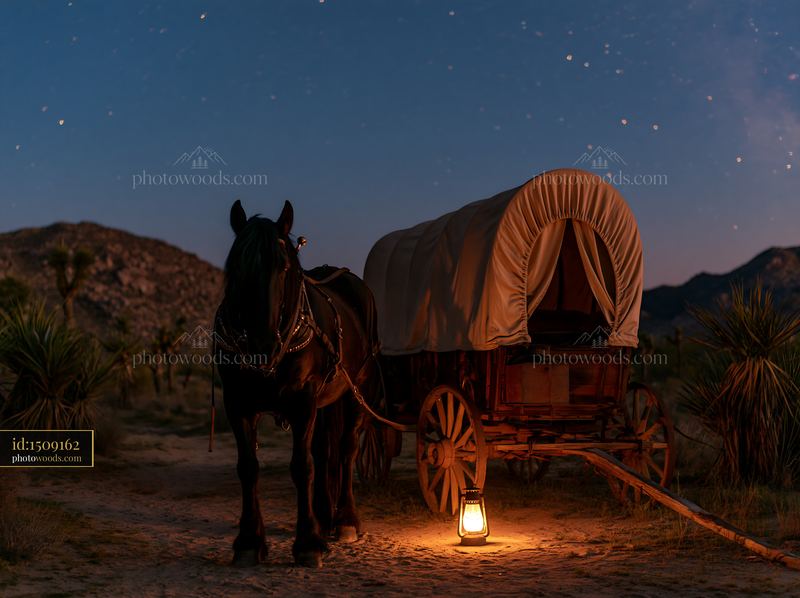 Horse in a starlit desert with a wagon and lantern at night