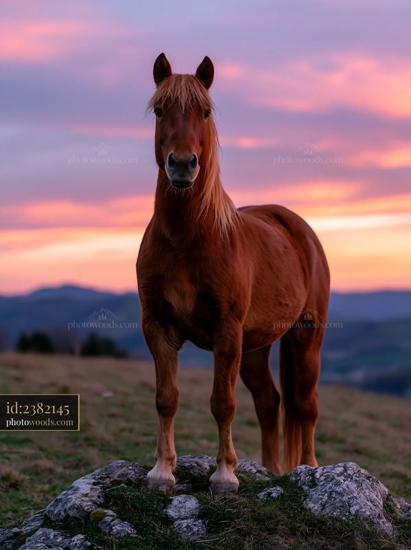 Horse standing on a rock at dusk on a mountain ridge