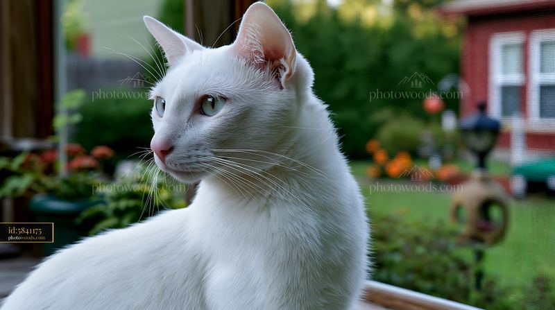 Khao Manee cat sitting outdoors in a garden