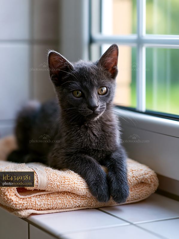Korat kitten resting on a towel near the window