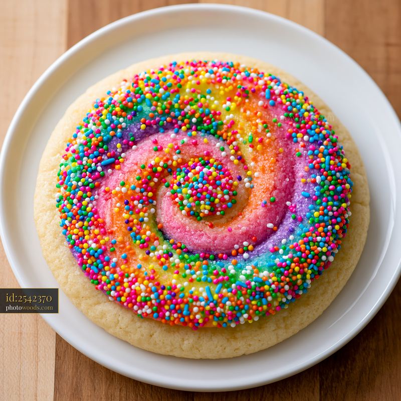 Rainbow sprinkles arranged in a swirl on a large cookie