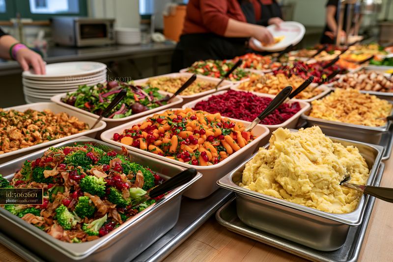 Holiday buffet dinner with various dishes on a serving table