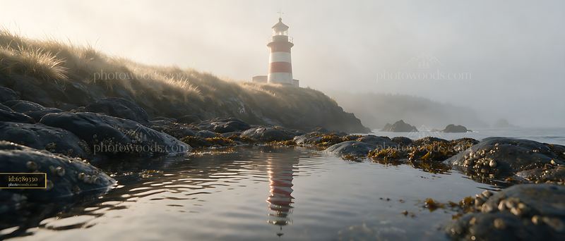 Lighthouse stands in heavy ocean fog near the rocky shore