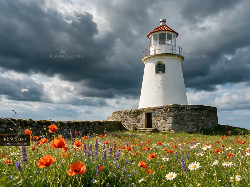 Lighthouse stands tall beneath dramatic clouds with wildflowers