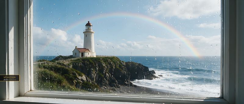 Lighthouse with a rainbow over the ocean in a coastal setting