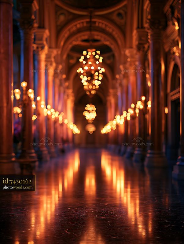Elegant hall with shining chandeliers and warm lighting