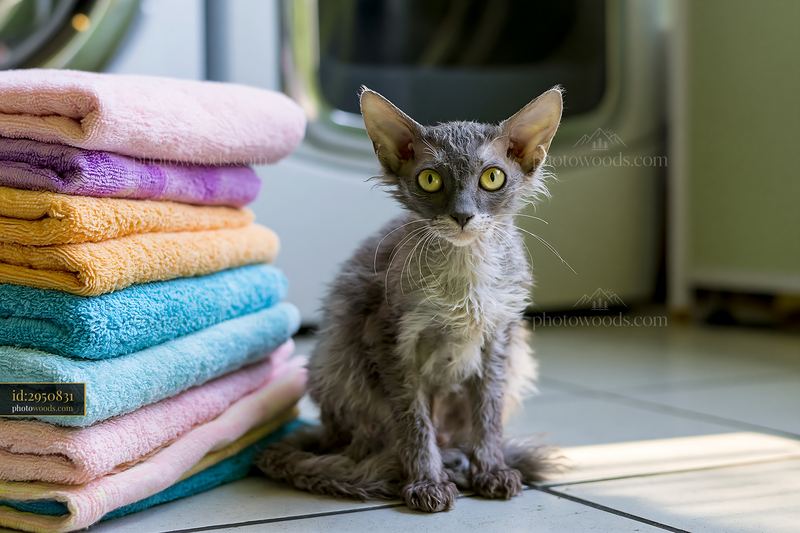 Lykoi cat portrait sitting beside colorful towels in a laundry room