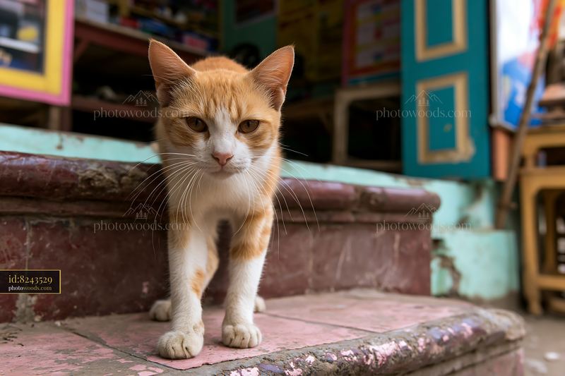 Mandalay cat portrait near shop entrance