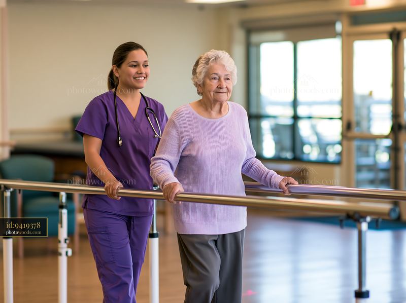 Medical professional measuring elderly patient's gait in clinic