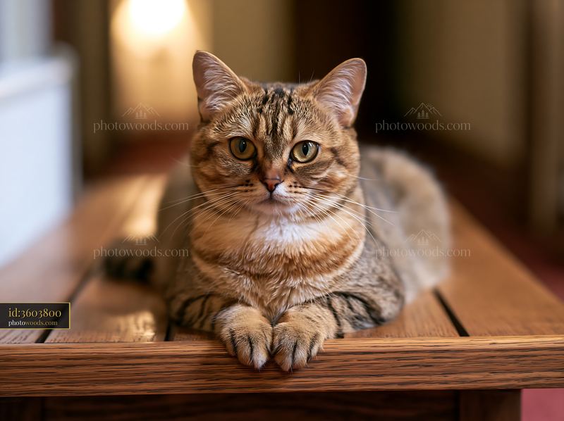 Minskin cat portrait resting on a wooden surface indoors