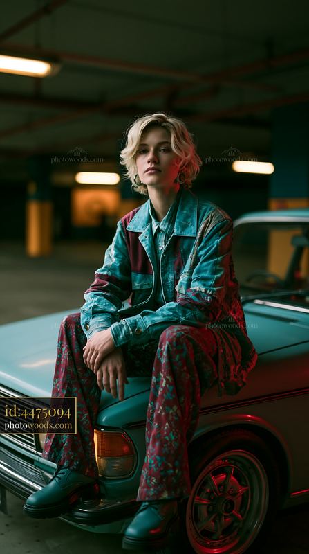 Fashionable model sitting on vintage car in urban garage setting