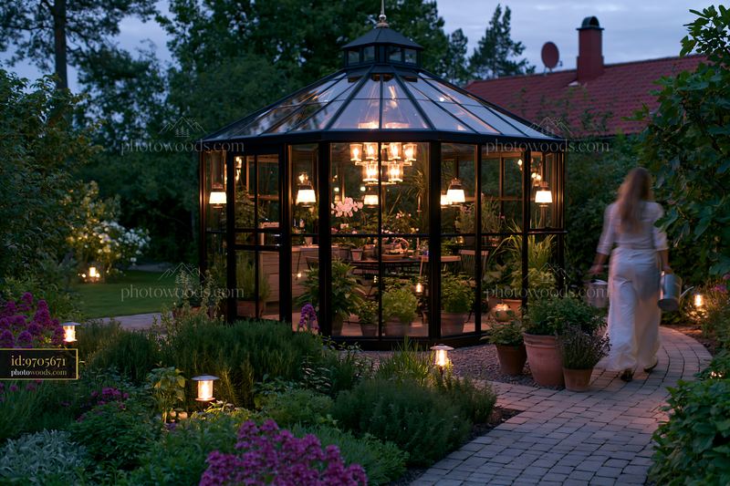 Glass garden pavilion with night lighting in lush greenery
