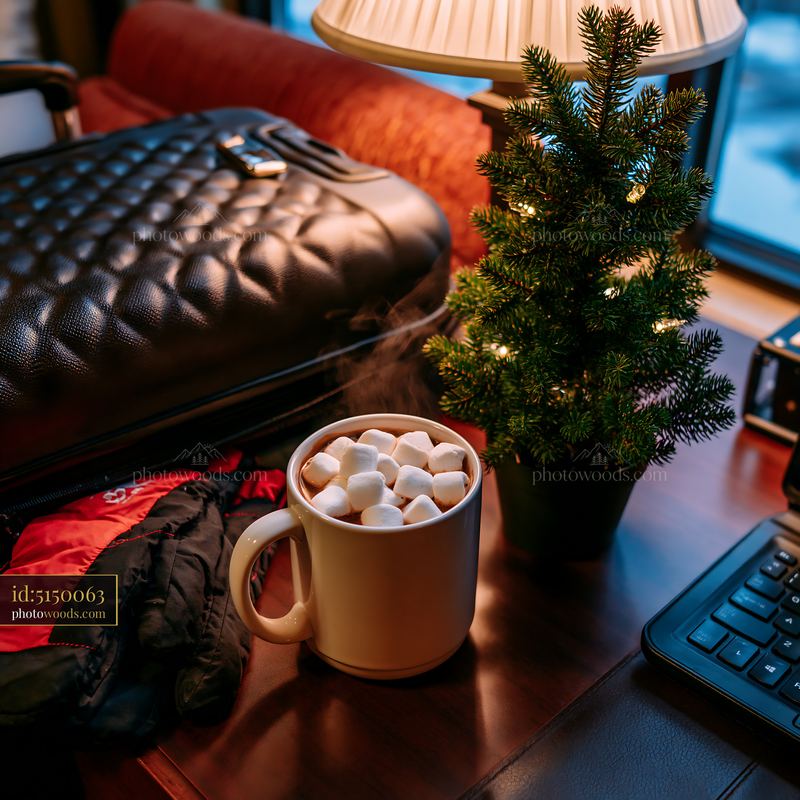 Warm cocoa with marshmallows on desk near small tree