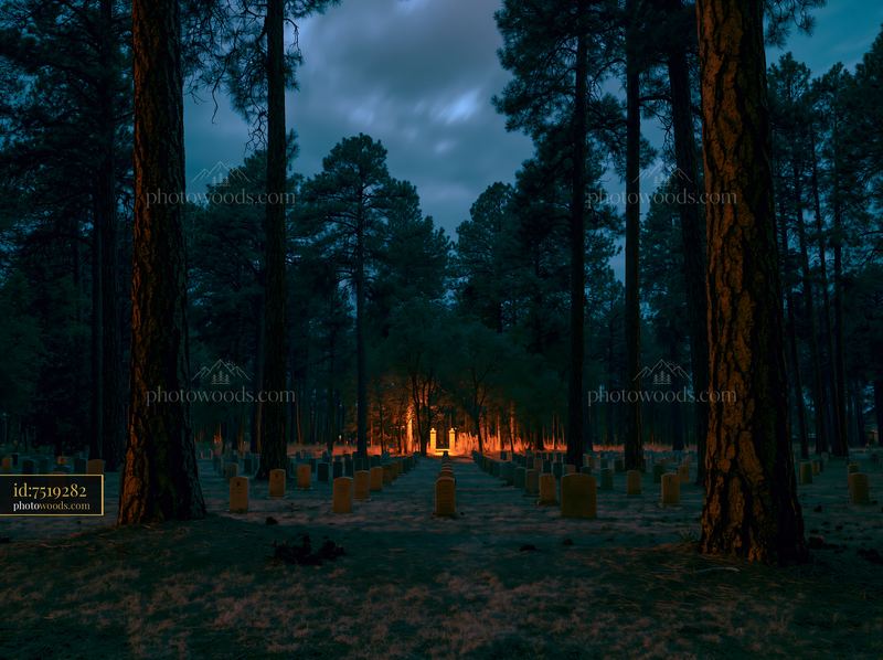 Night landscape of a veterans cemetery surrounded by pine trees