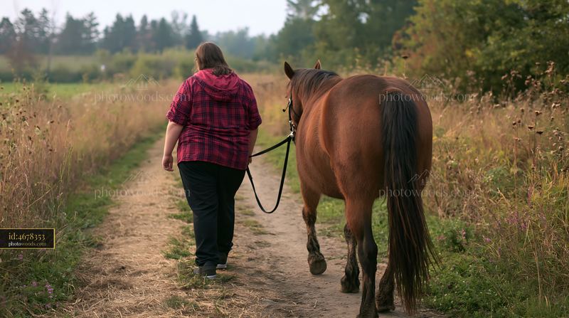 Therapy horse with patient walking on a nature path