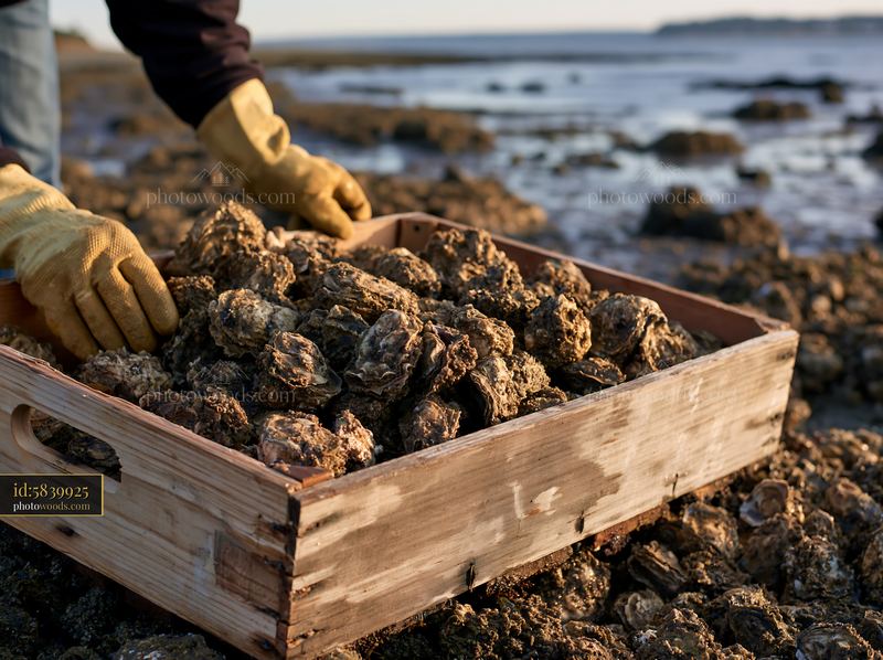Coastline harvesting oysters from wooden crate at low tide