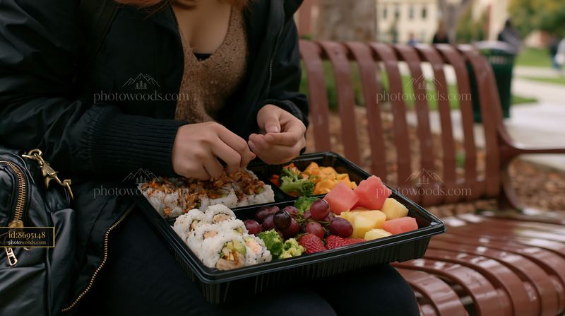 Sushi lunch box with compartments and colorful fruits on a bench
