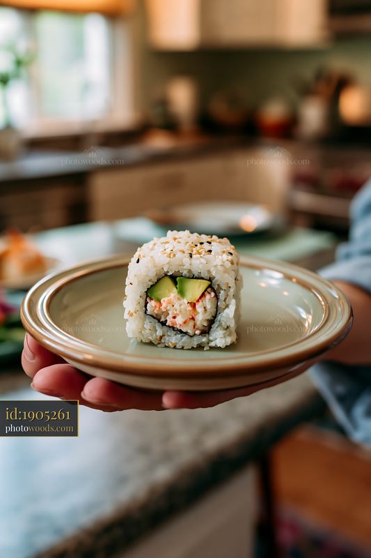 One California roll piece served on a plate in a kitchen