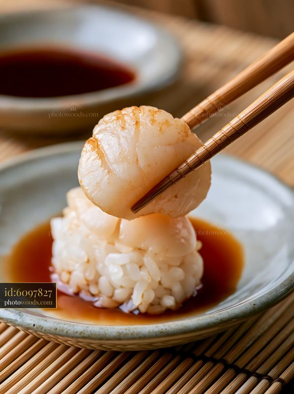 Single sushi piece with chopsticks and soy sauce on a plate