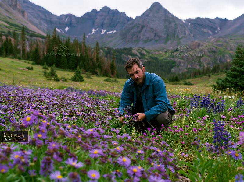 Wildflower meadow below rocky peaks with a person exploring flowers