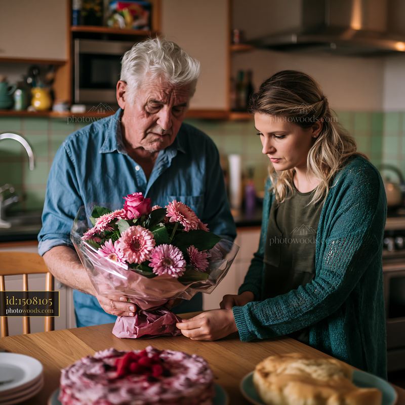 Grieving person receives flowers in a kitchen on a birthday