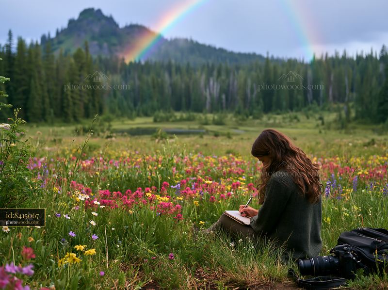 Meadow beneath a rainbow with a person writing in nature