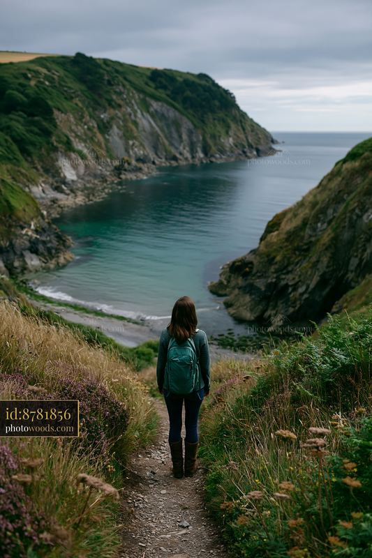 Coastline with sheltered bay and person standing on the trail