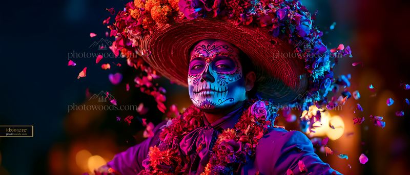 Colorful celebration with sugar skull makeup and floral headdress