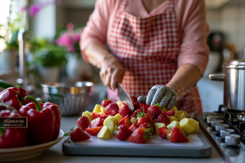 Cutting fruits with adaptive kitchen tools used by disabled person