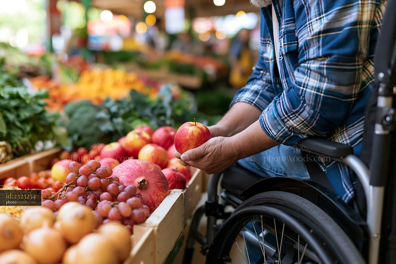 A person with muscular dystrophy using a wheelchair examines fresh apples at a bustling market.