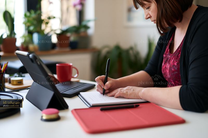 Person writing gift list at desk indoors