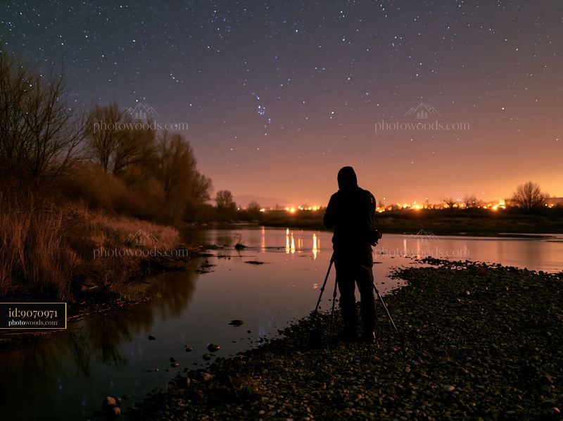 Photographer under stars beside a riverbank at night
