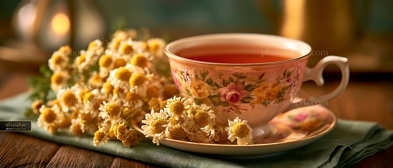 Tea cup with chamomile flowers on a wooden table