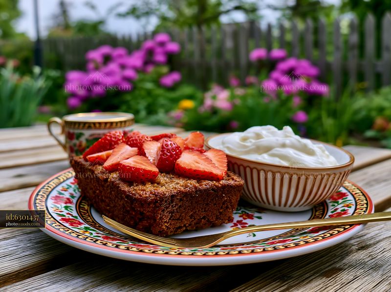 Strawberry dessert with cream on a wooden table
