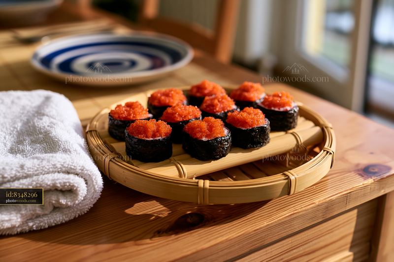 Tobiko roe sushi platter with rice on a wooden table