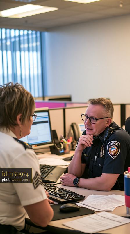 Police chief discussing workplace policy with a staff member