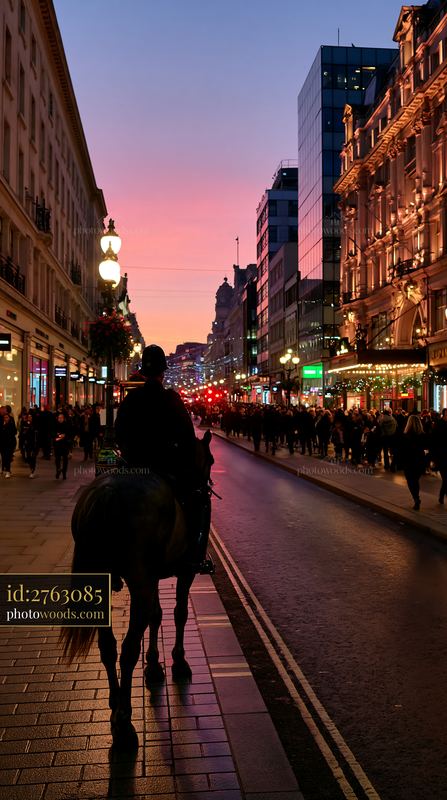 Police horse walking beside crowded pedestrian street at sunset